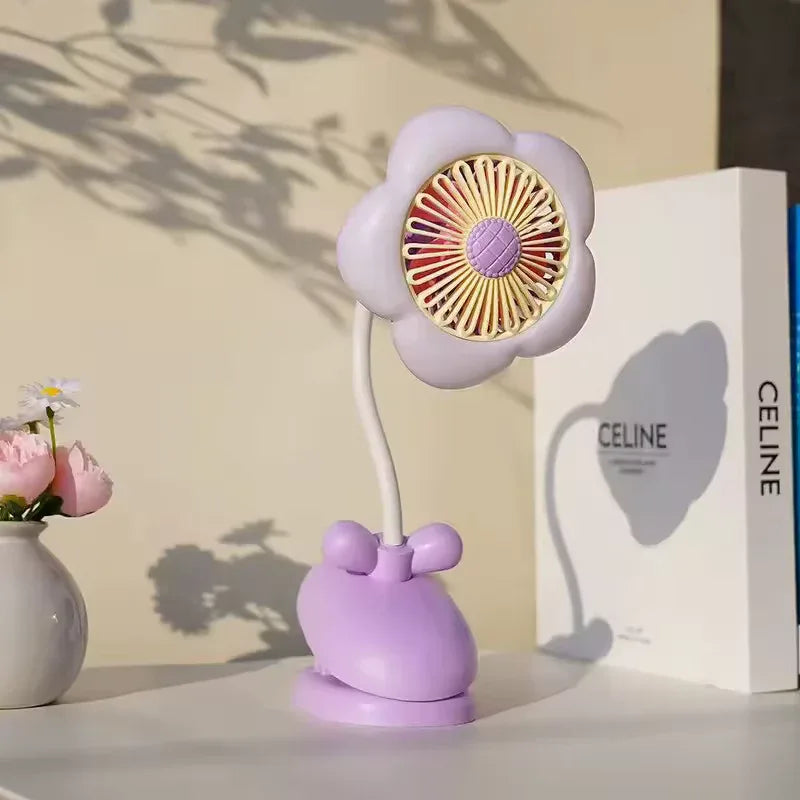 USB Rechargeable Flower Clip-on Fan – 360° Rotation with LED (Random Color) - Clarify.pk