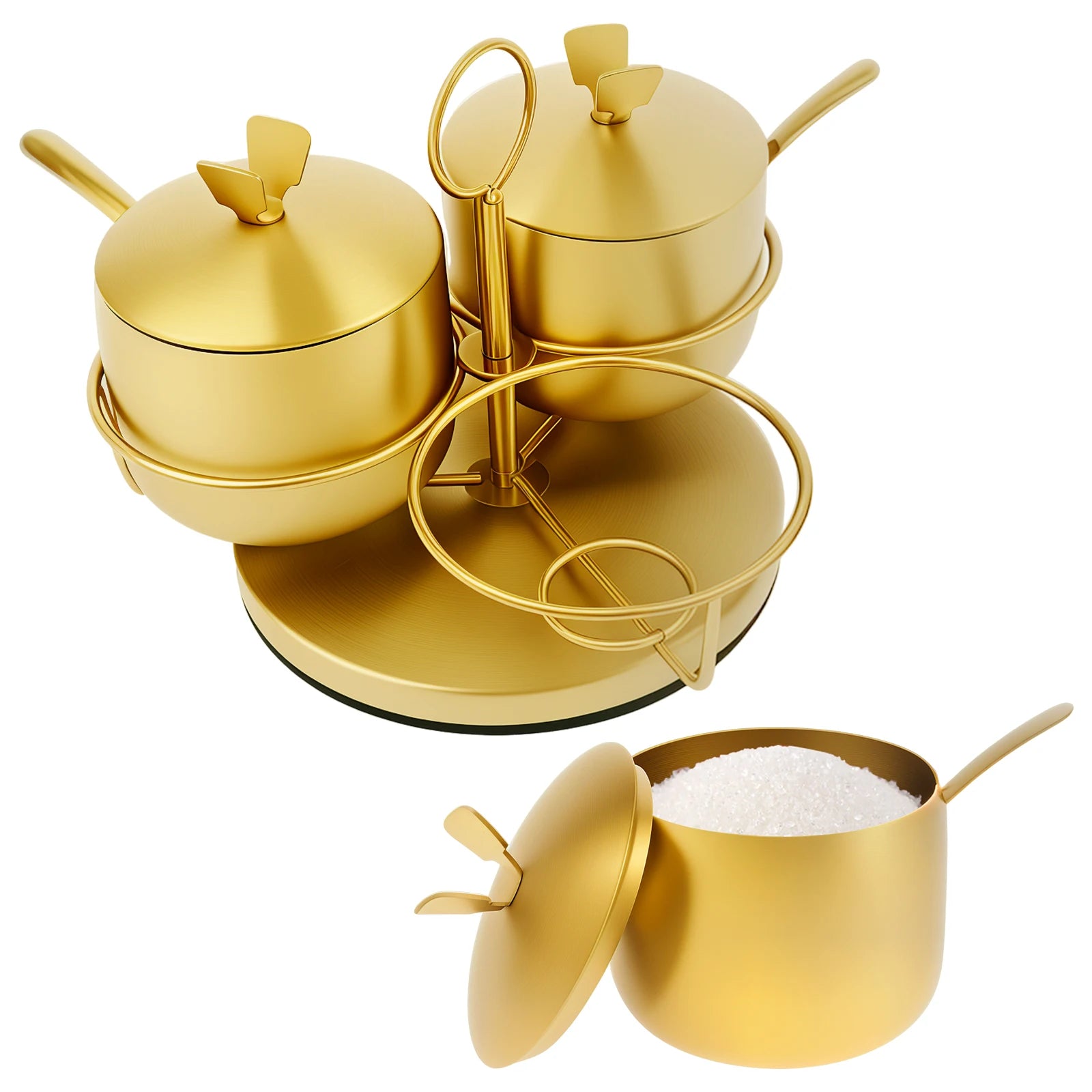 Seasoning Container Stainless Steel Sugar Container with Lid and Spoon Gold Sugar Bowl Rotating Salt Jar Seasoning Can for Salt