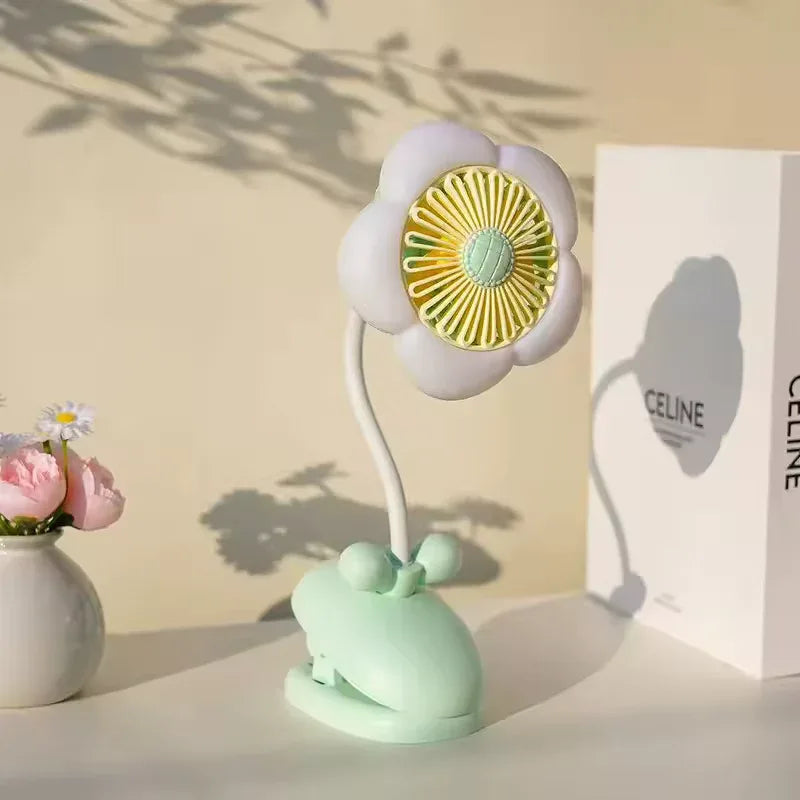 USB Rechargeable Flower Clip-on Fan – 360° Rotation with LED (Random Color) - Clarify.pk