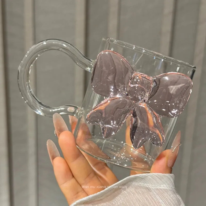 Bow Design Glass Tumbler, Heat-resistant Coffee Cup for Women, Cute Office & Home Drinkware with Elegant Straw, Kawaii Gift Set