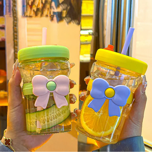 〔Rebecca〕400ml Bow Glass Straw Cup Heat Resistant Separation Filter Cups With Leak-Proof Lid