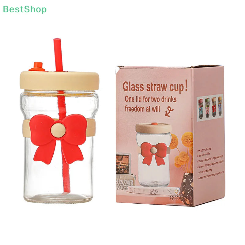〔Rebecca〕400ml Bow Glass Straw Cup Heat Resistant Separation Filter Cups With Leak-Proof Lid