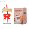 〔Rebecca〕400ml Bow Glass Straw Cup Heat Resistant Separation Filter Cups With Leak-Proof Lid