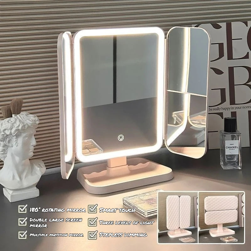 Dual Door 3-Fold Makeup Mirror with LED Lights, Touch Control Vanity Mirror with 360° Rotation, for Home Dorm Desktop wholesale
