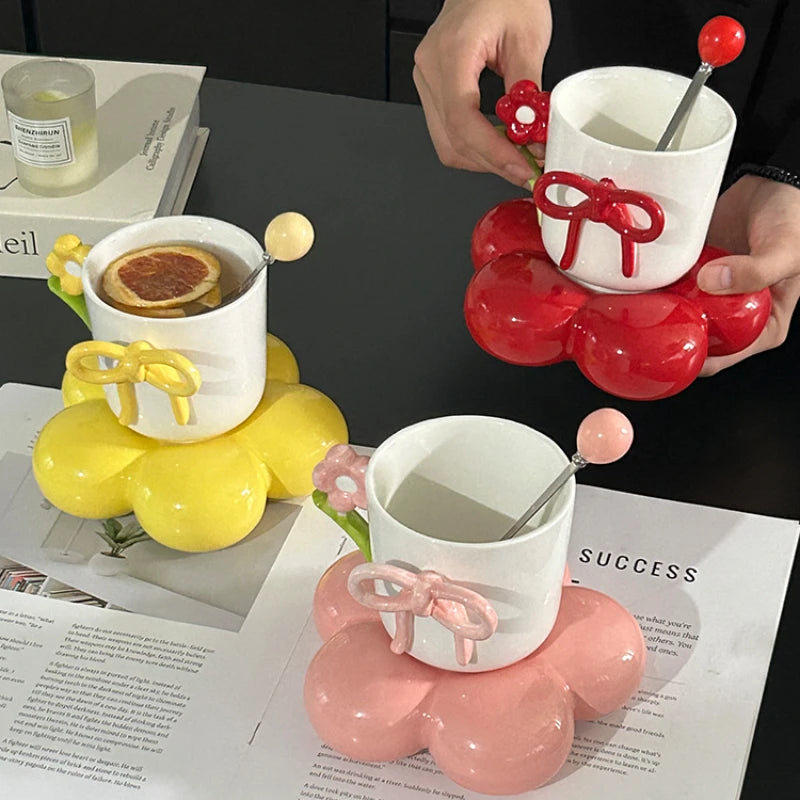 Creative Bow Ceramic Mug Home Three-dimensional Flower Coffee Cup Saucer Exquisite Girls Office Breakfast Milk Cup Birthday Gift