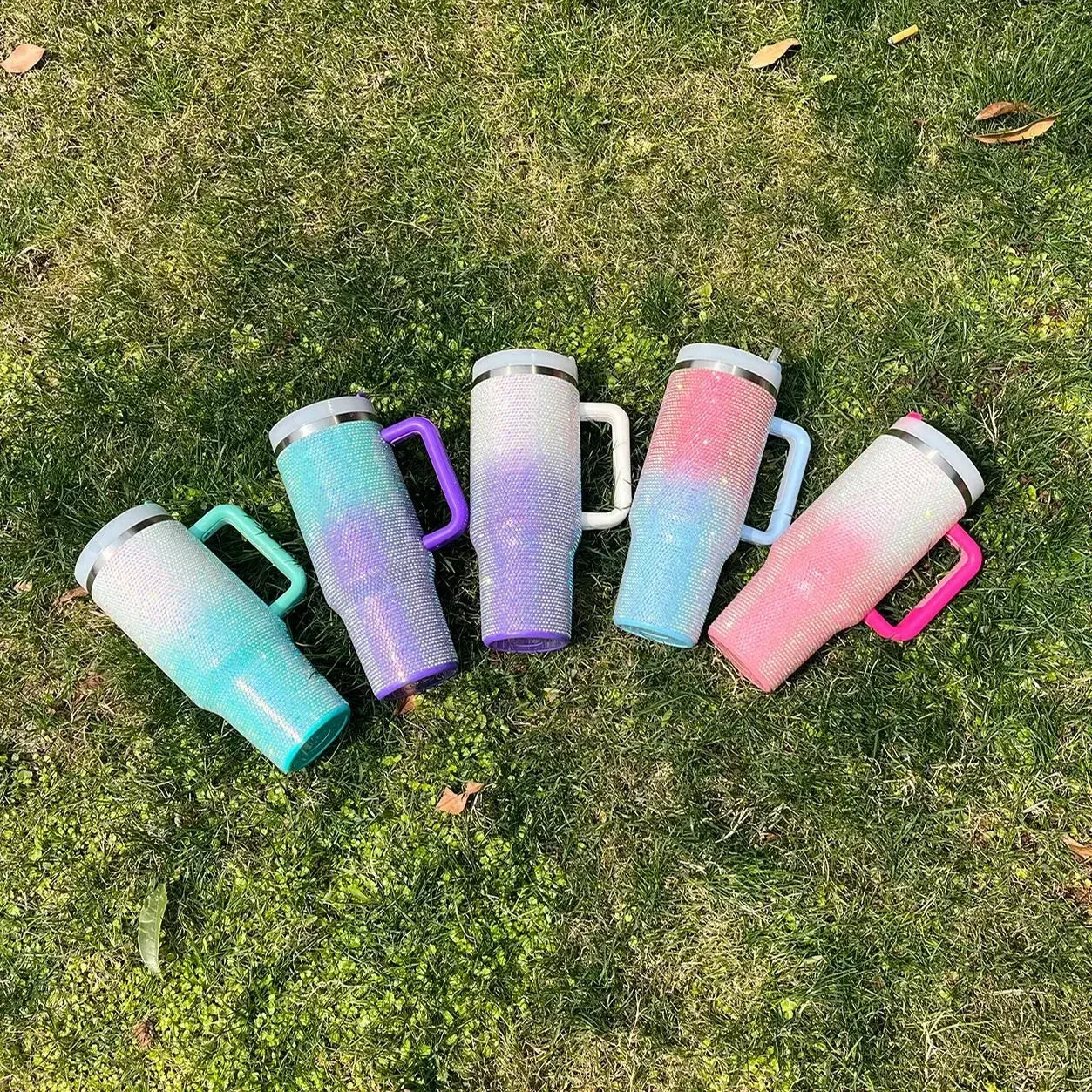 40oz Rhinestone Double Shade Tumbler with Handle (Random color) - Clarify.pk