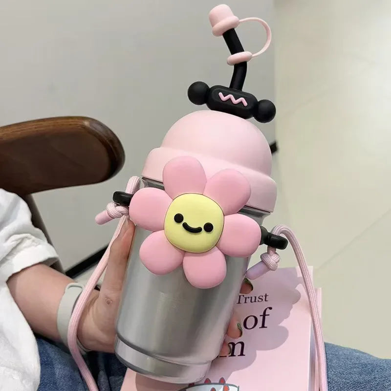 Cartoon Vacuum Straw Cup – Stainless Steel with Carry Rope - Clarify.pk