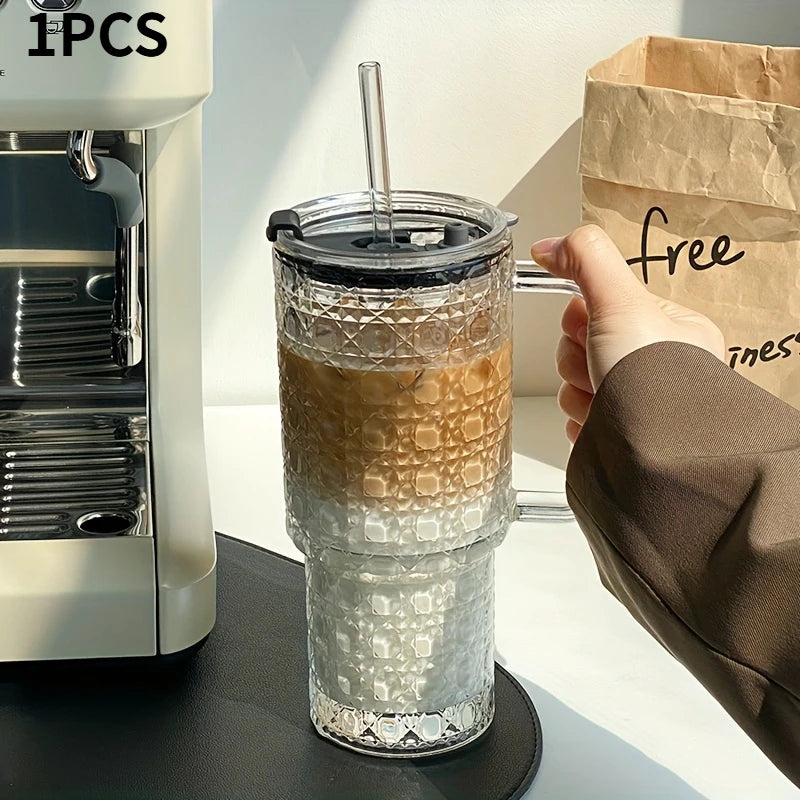 1pcs/2pcsLarge Capacity Glass Cup with Straw and Lid, Heat Resistant Coffee Mug, Office Water Bottle, Durable and Stylish Design