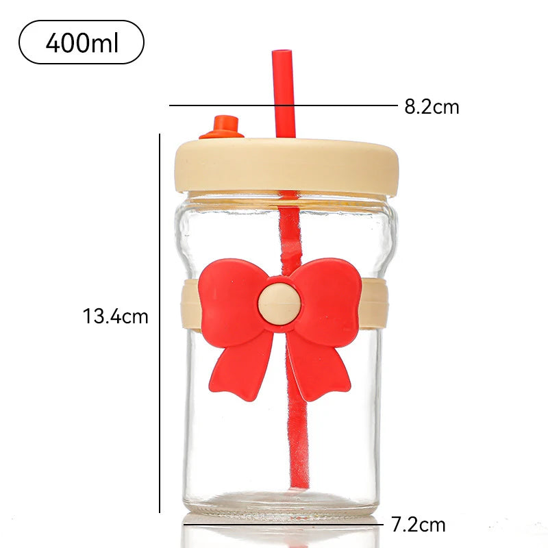 〔Rebecca〕400ml Bow Glass Straw Cup Heat Resistant Separation Filter Cups With Leak-Proof Lid