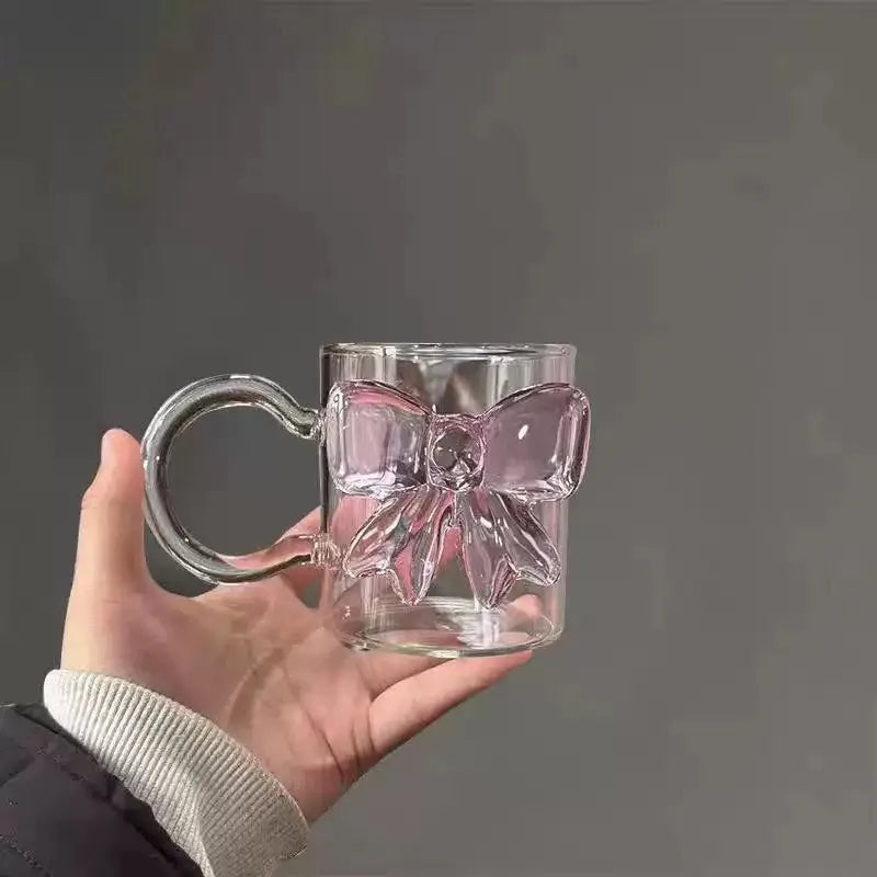 Bow Design Glass Tumbler, Heat-resistant Coffee Cup for Women, Cute Office & Home Drinkware with Elegant Straw, Kawaii Gift Set