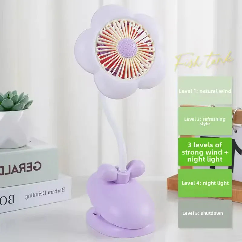 USB Rechargeable Flower Clip-on Fan – 360° Rotation with LED (Random Color) - Clarify.pk
