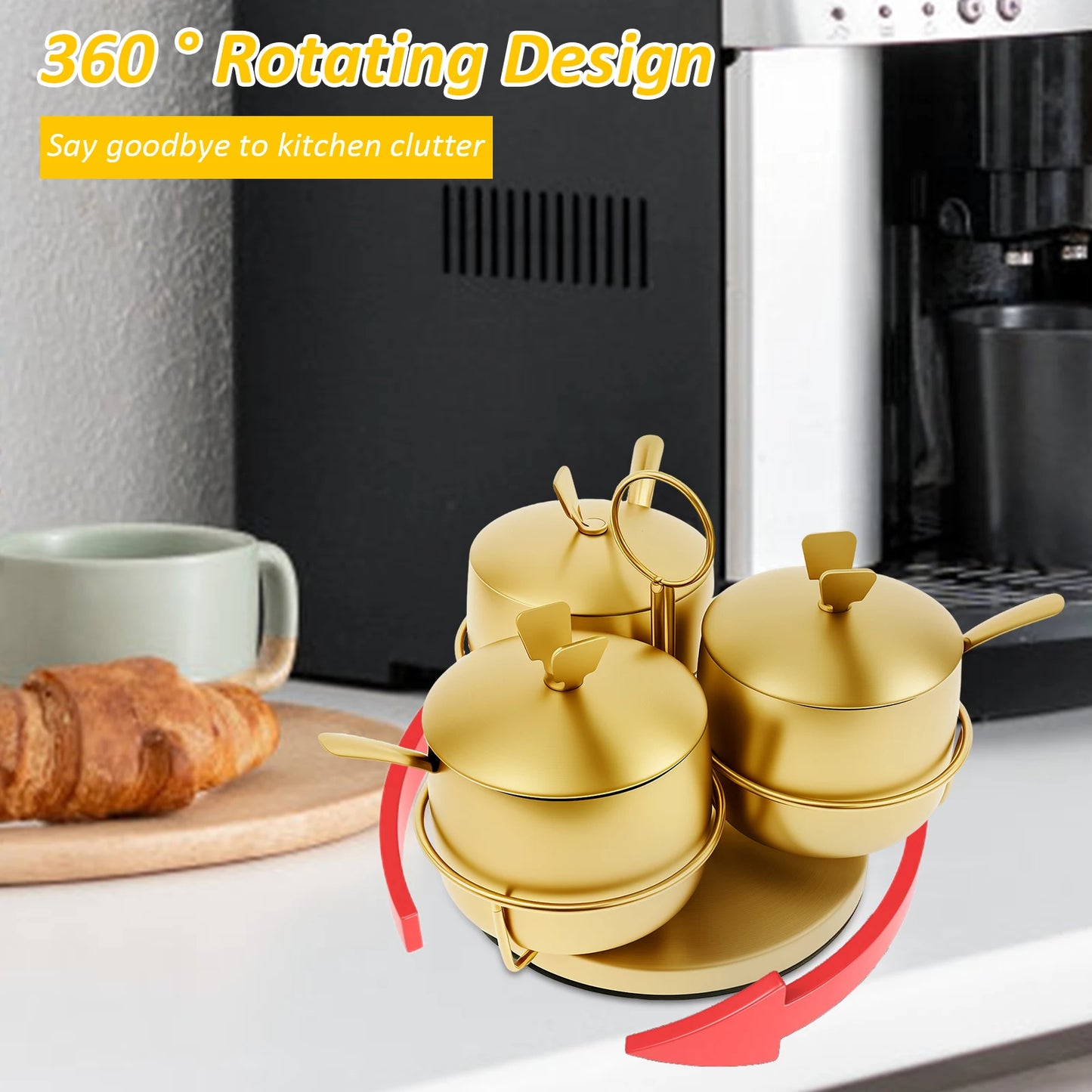 Seasoning Container Stainless Steel Sugar Container with Lid and Spoon Gold Sugar Bowl Rotating Salt Jar Seasoning Can for Salt