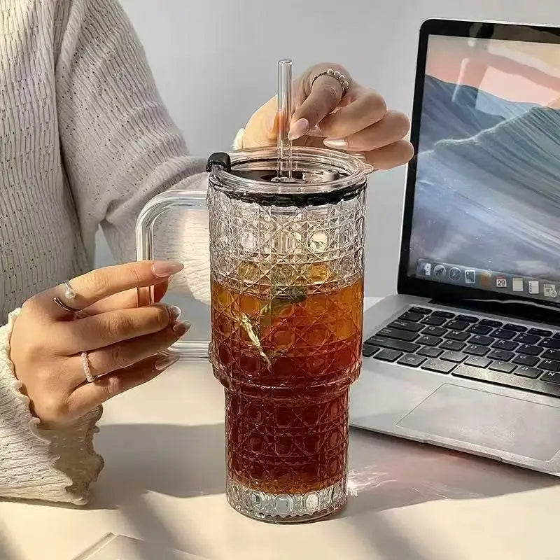 1pcs/2pcsLarge Capacity Glass Cup with Straw and Lid, Heat Resistant Coffee Mug, Office Water Bottle, Durable and Stylish Design