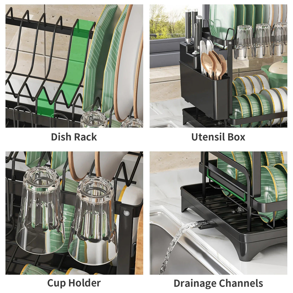 2 tier,dish drying rack,Cutlery rack with spout and draining tray,cutlery holder,cup holder,kitchen countertop storage rack