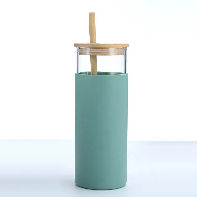 Glass Tumbler with Bamboo Lid With Random Color Cover - Clarify.pk