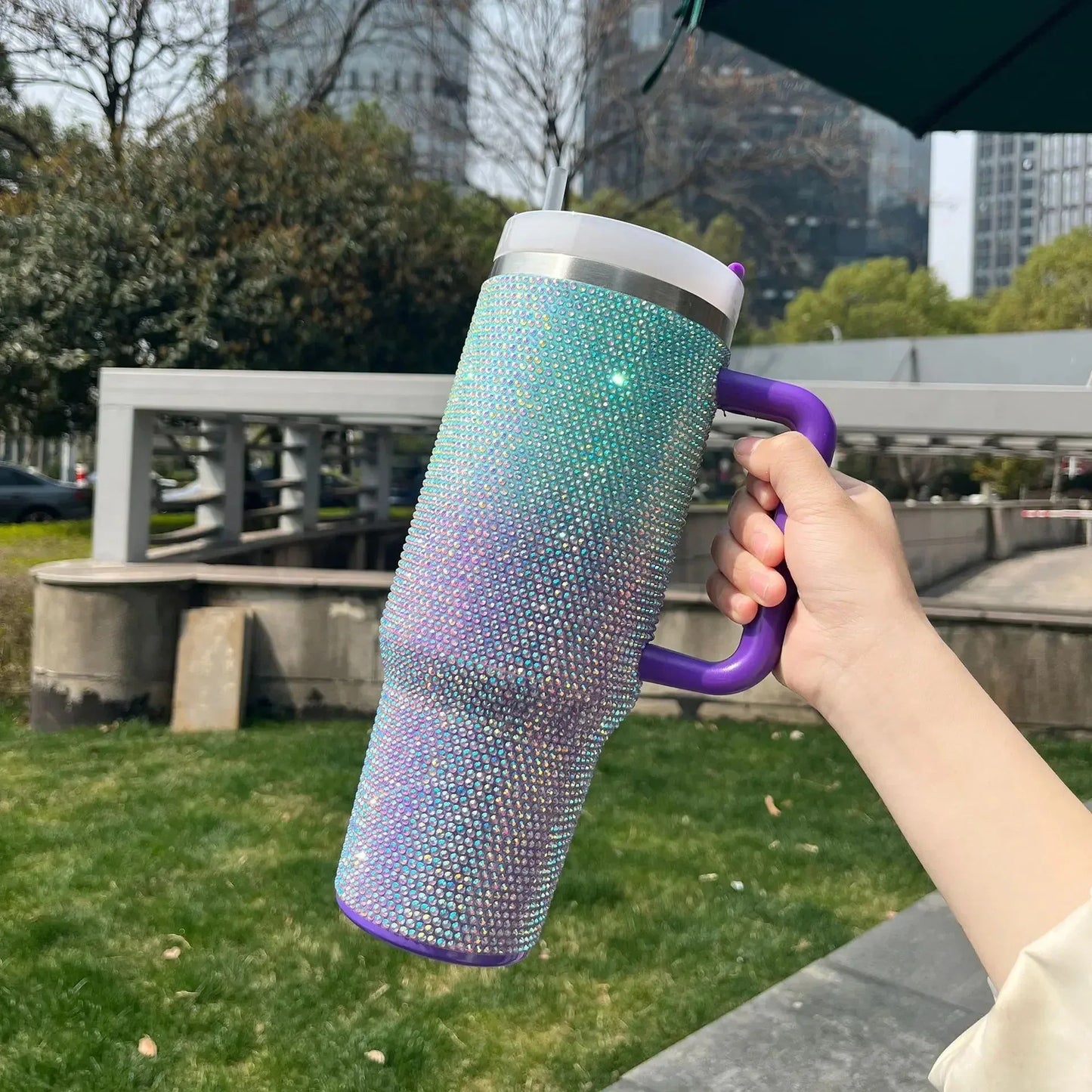 40oz Rhinestone Double Shade Tumbler with Handle (Random color) - Clarify.pk