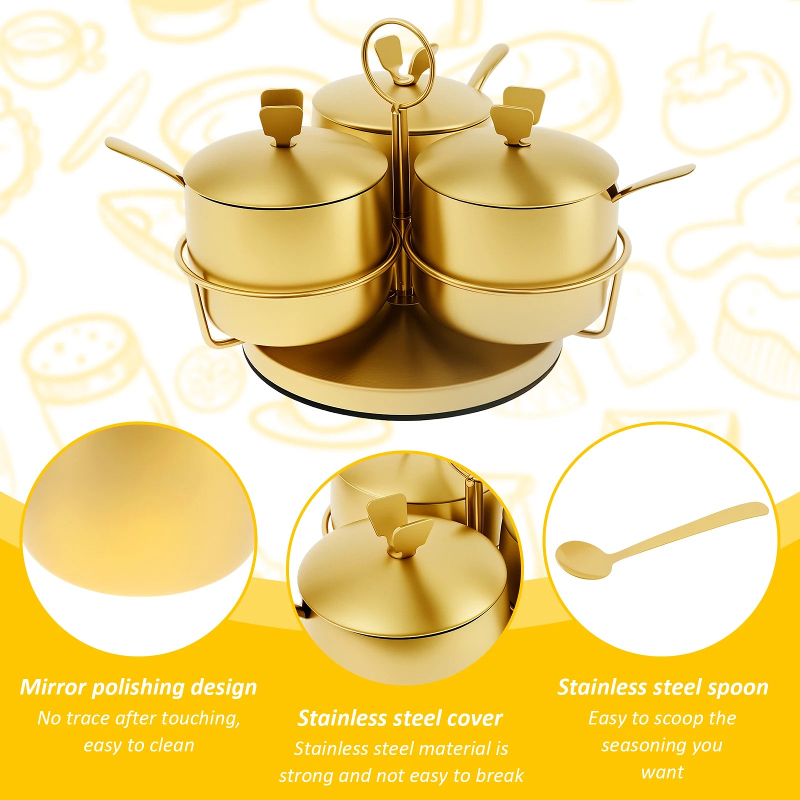 Seasoning Container Stainless Steel Sugar Container with Lid and Spoon Gold Sugar Bowl Rotating Salt Jar Seasoning Can for Salt