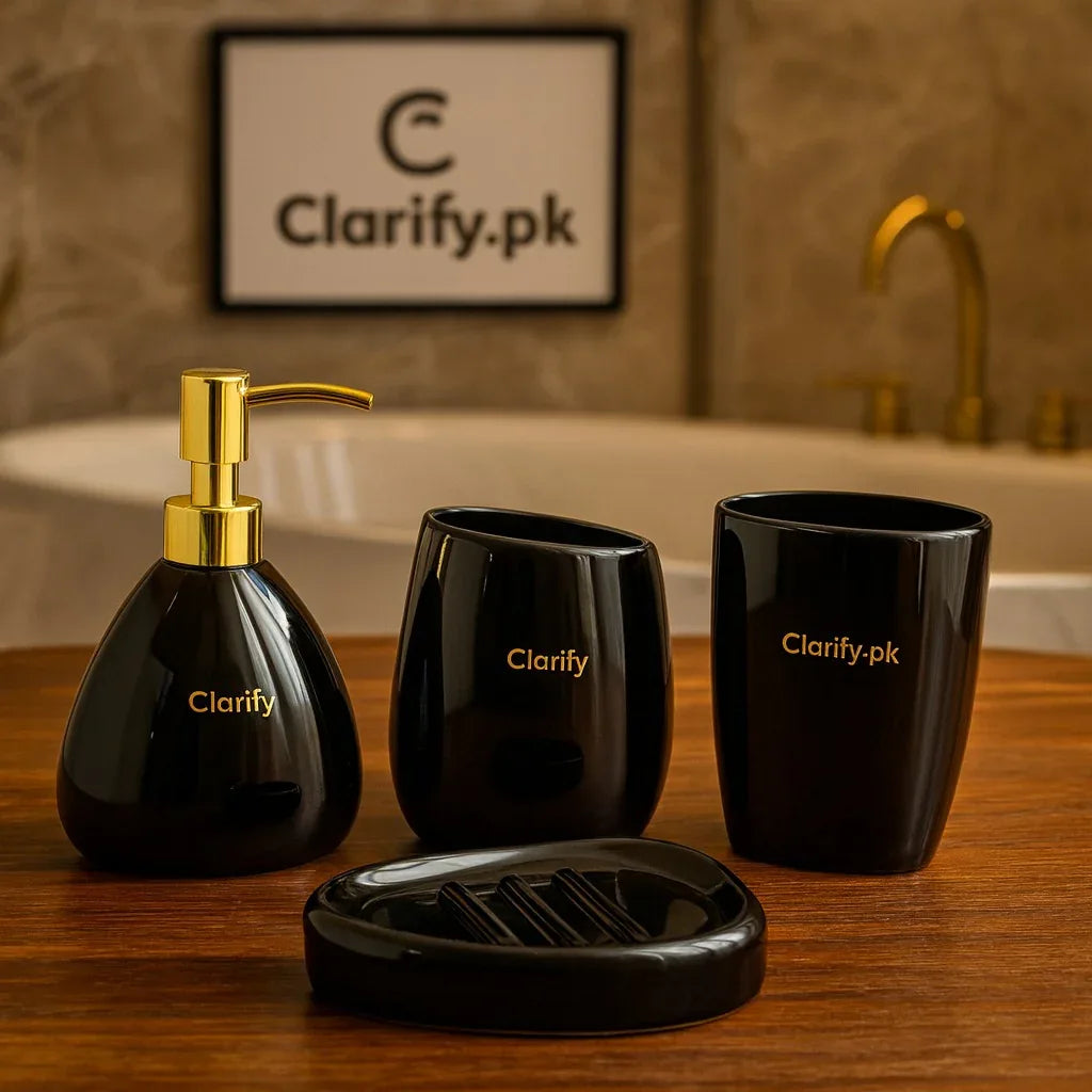 4-Piece Luxury Bathroom Set – Glossy Black with Gold Pump - Clarify.pk