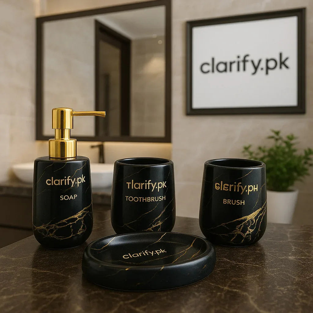4-Piece Luxury Bathroom Set – Black Marble Design with Gold Pump - Clarify.pk