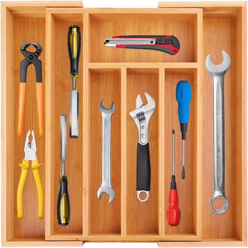 Bamboo Expandable Kitchen Drawer Organizer - 7-Slot Utensil Tray - Trenducts.pk