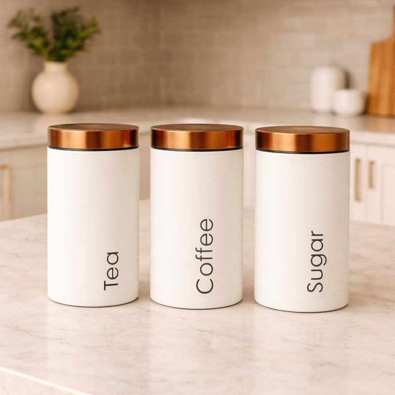 Matte White & Copper Kitchen Canister Set – 3 Pcs Tea, Coffee, Sugar Jar Set MJ