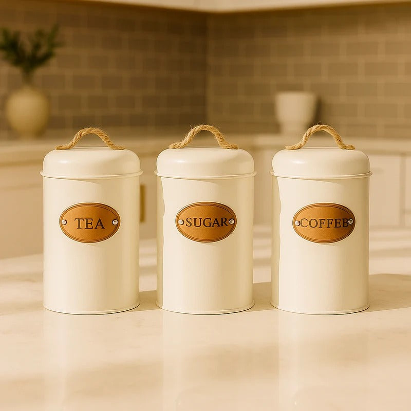 3Pcs Rustic White Canister Set – Vintage Metal Kitchen Storage Jars MJ