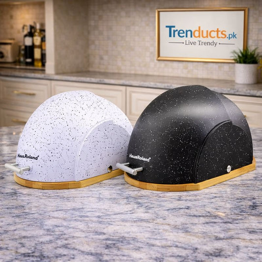 HausRoland bread box with a matte black speckled roll-top lid and a natural bamboo base - Trenducts Pakistan