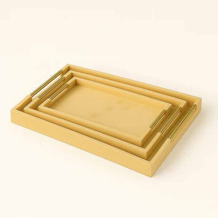 3-Pc Bamboo Serving Tray Set – Modern Rectangular Platters with Golden Handles MJ
