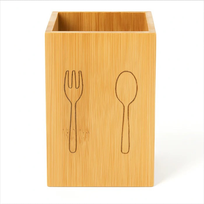 Natural Bamboo Utensil Organizer – Modern Square Cutlery Caddy MJ