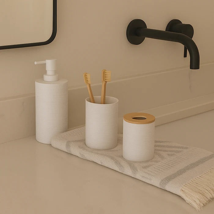 6-Pc Modern White Bathroom Set – Textured Accessory Collection with Bamboo Accents MJ