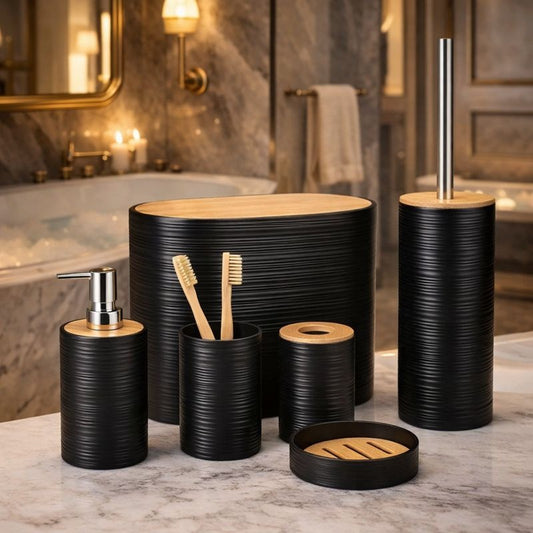 Six-piece matte black textured bathroom accessory set with bamboo lids including a soap dispenser and waste bin - Trenducts Pakistan