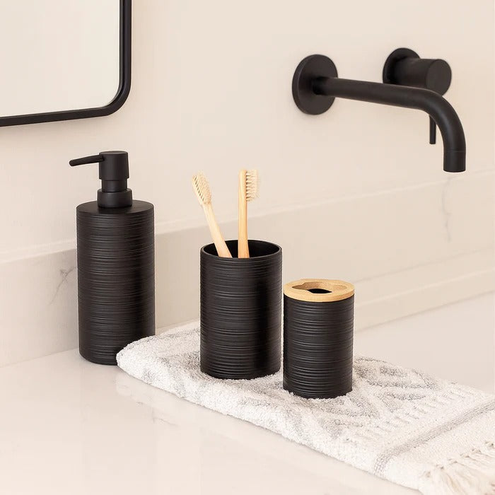 6Pc Modern Black Bathroom Set – Textured Accessory with Bamboo Accents MJ