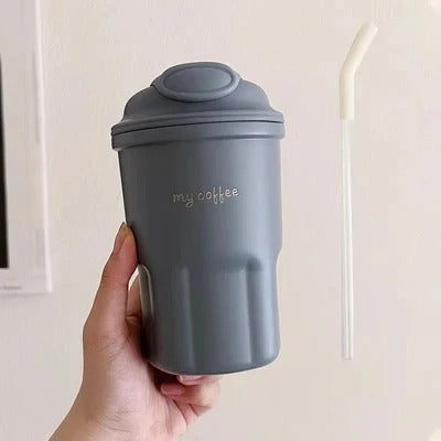 600ml Korean Style Insulated Coffee Thermos – Matte Travel Mug with Straw MJ