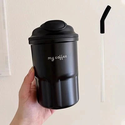 600ml Korean Style Insulated Coffee Thermos – Matte Travel Mug with Straw MJ