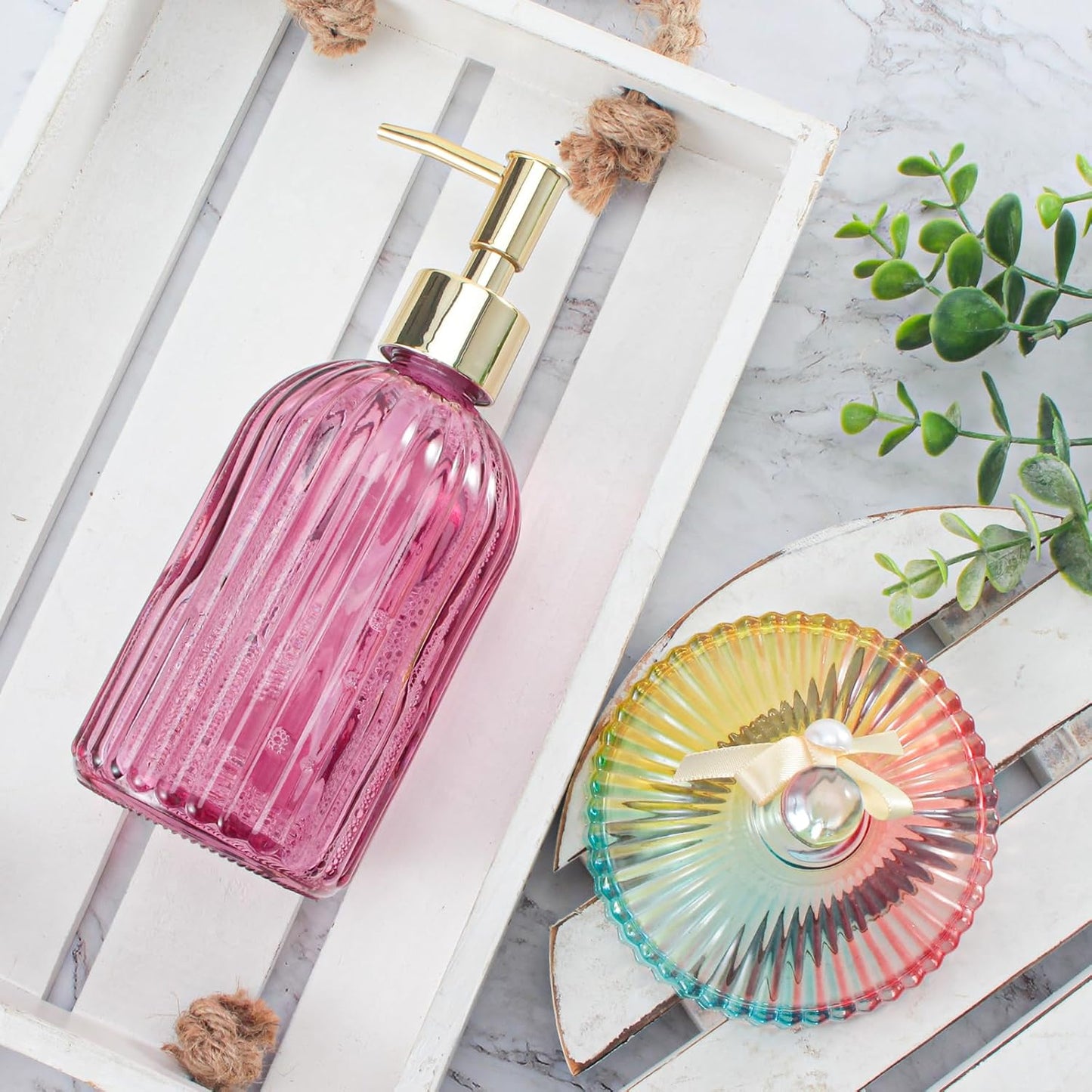 Long Diamond Glass Soap Dispenser – Tall Multi-Faceted Liquid Pump (Random Color) GH