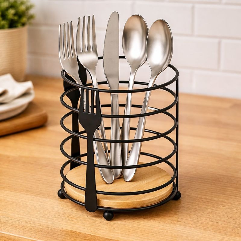 Modern Metallic & Oak Round Spoon Holder – Artisan Cutlery Organizer MJ