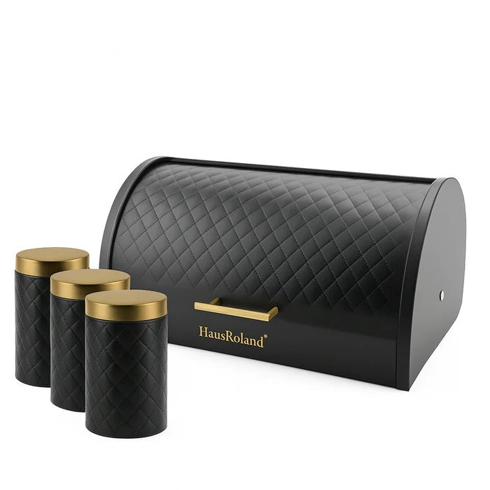 HausRoland Luxe Quilted Bread Bin & Canister Set – Black & Gold 4-Piece Set MJ