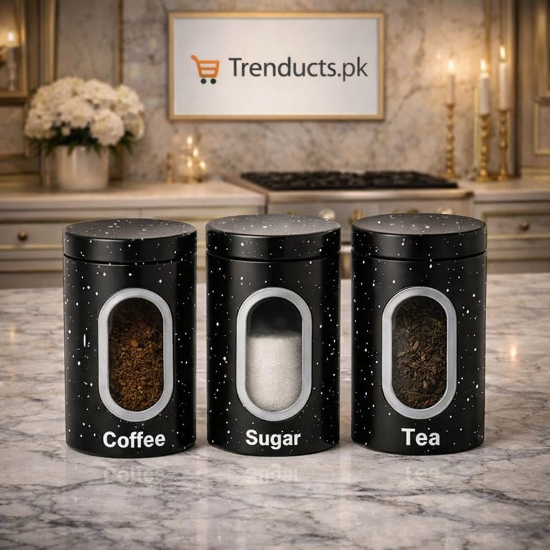 "HausRoland 3-piece speckled grey tea coffee sugar canister set on a modern kitchen counter."

"Textured matte finish airtight kitchen containers for pantry organization in Pakistan."