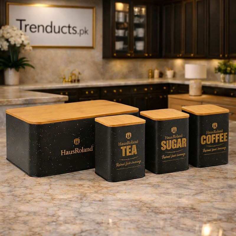 "HausRoland deluxe 4-piece bread bin and canister set in matte black finish."

"White stainless steel tea coffee sugar canisters and bread box for kitchen decor in Pakistan."