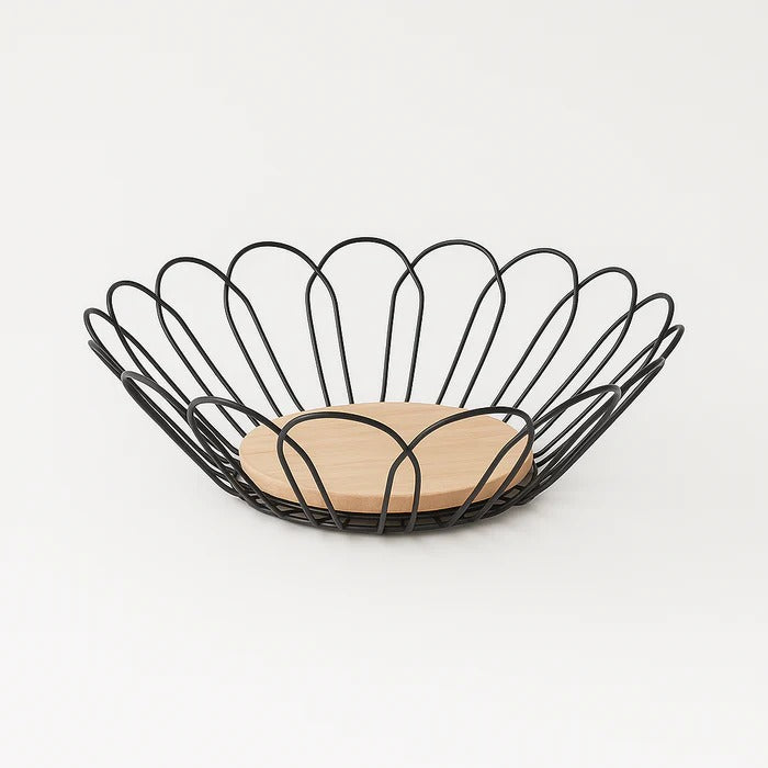 ModLeaf Metallic & Oak Fruit Basket – Artisan Leaf-Wire Centerpiece MJ