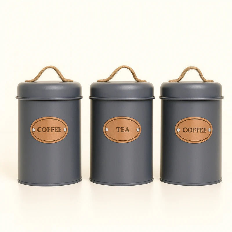 Trenducts 3-Pc Rustic Grey Canister Set – Vintage Metal Kitchen Storage Jars MJ