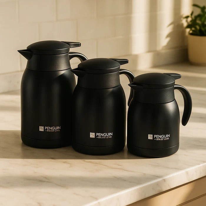 Penguin Stainless Steel Thermal Coffee Pot – Insulated Vacuum Flask (Set of 3 Sizes) Trenducts.pk