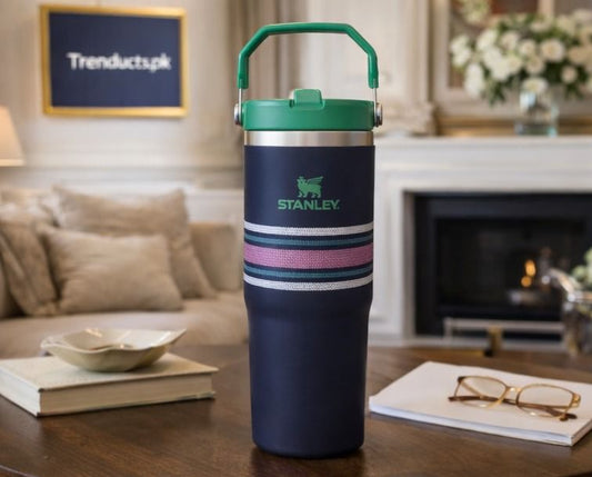 Stanley 30oz IceFlow Flip Straw Tumbler in Navy Mesh with green lid and white accents - Trenducts Pakistan