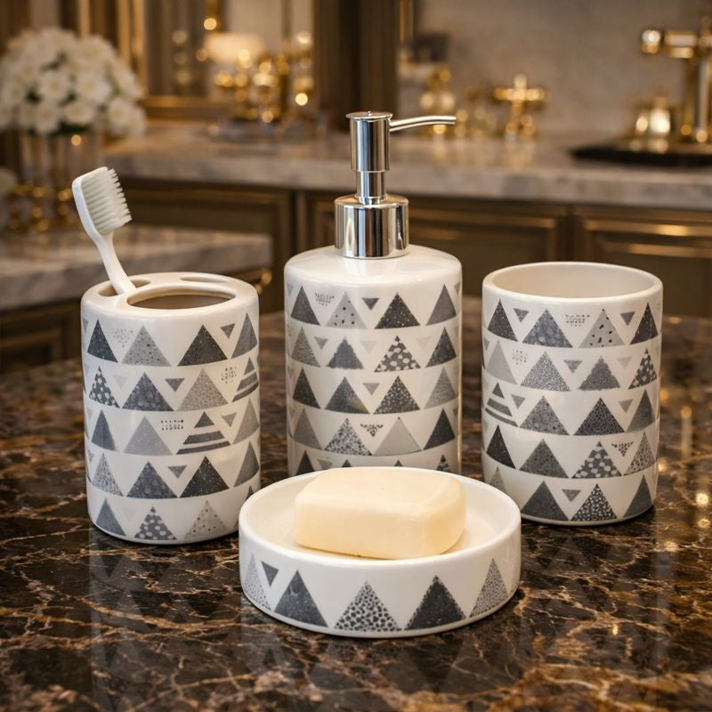 Modern 4-Piece Geometric Triangle Ceramic Bathroom Accessory Set - Trenducts.pk