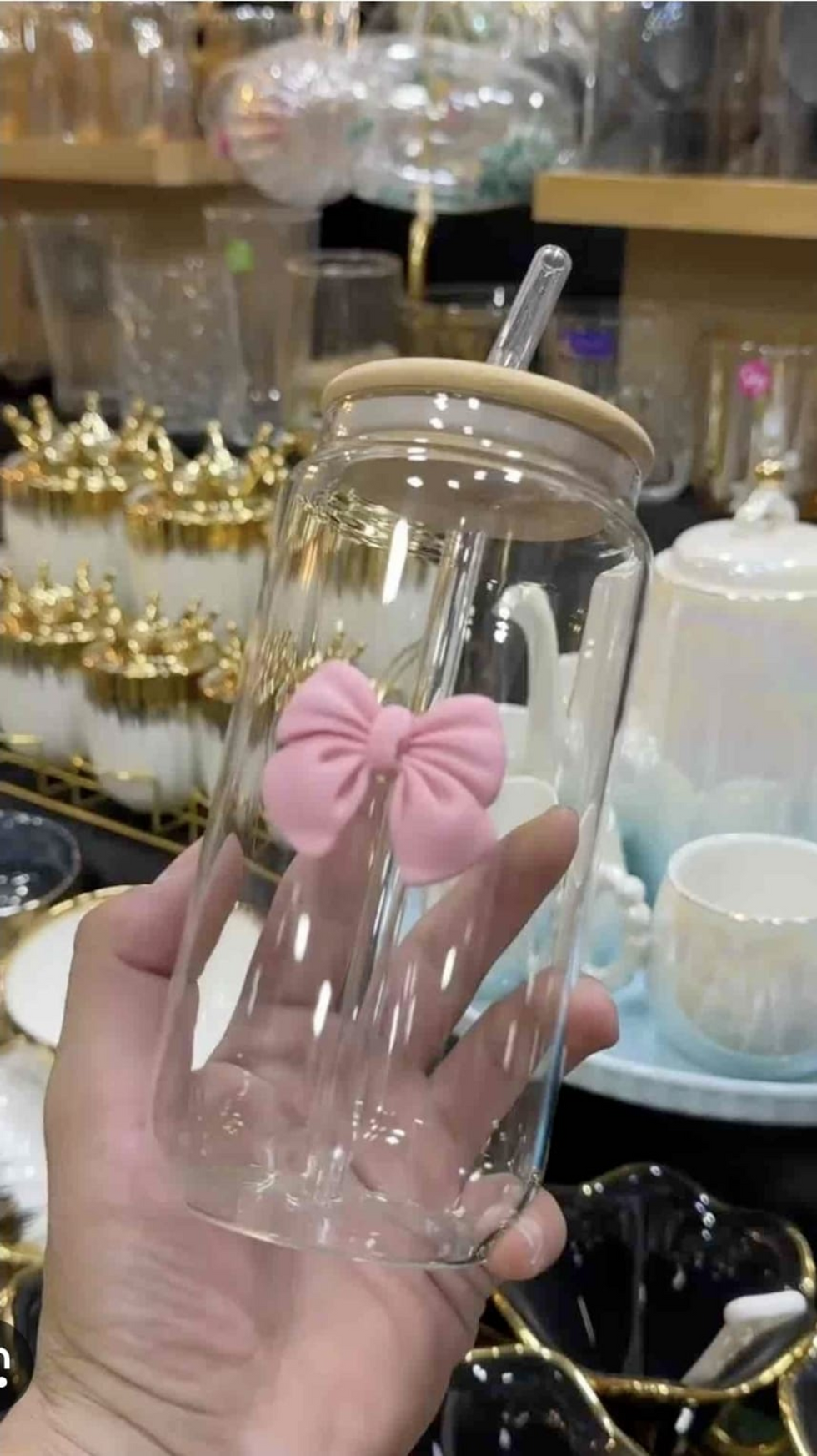 Elegant Ribbed Glass Storage Jar with Ribbon Bow Lid HAT