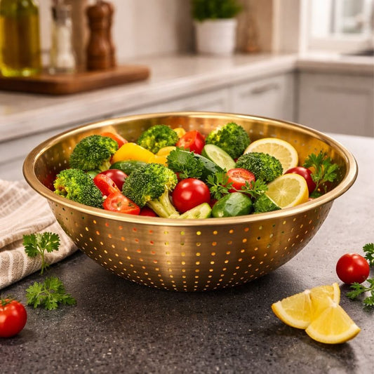 Golden stainless steel strainer bowl for fruits and vegetables