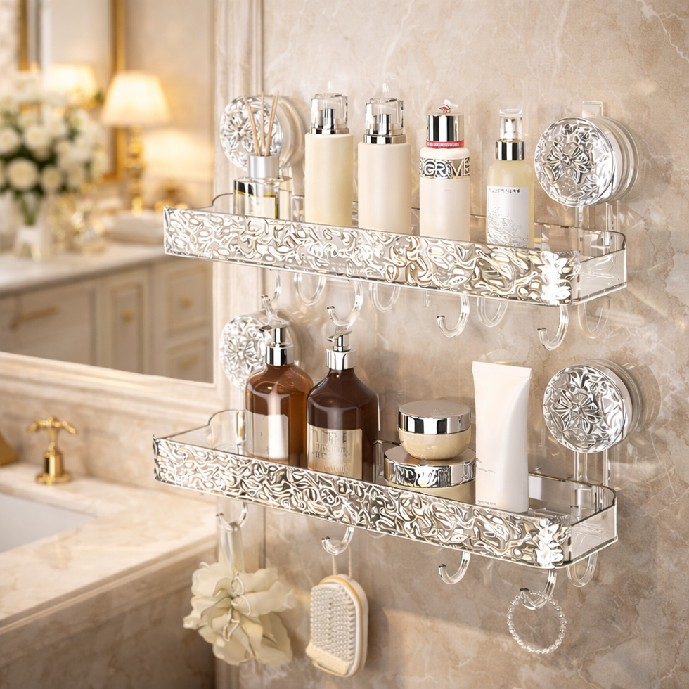 Suction Cup Shower Shelf With Hooks – Heavy-Duty Transparent Organizer KT