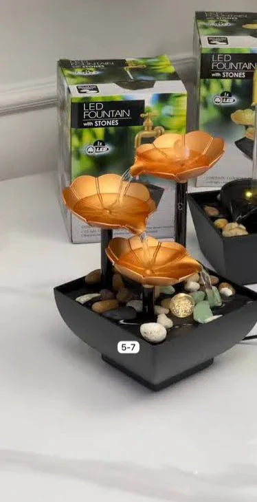 Luxury Electric Table Fountain – Golden Flower Design with Pebbles & LED Light - Clarify.pk