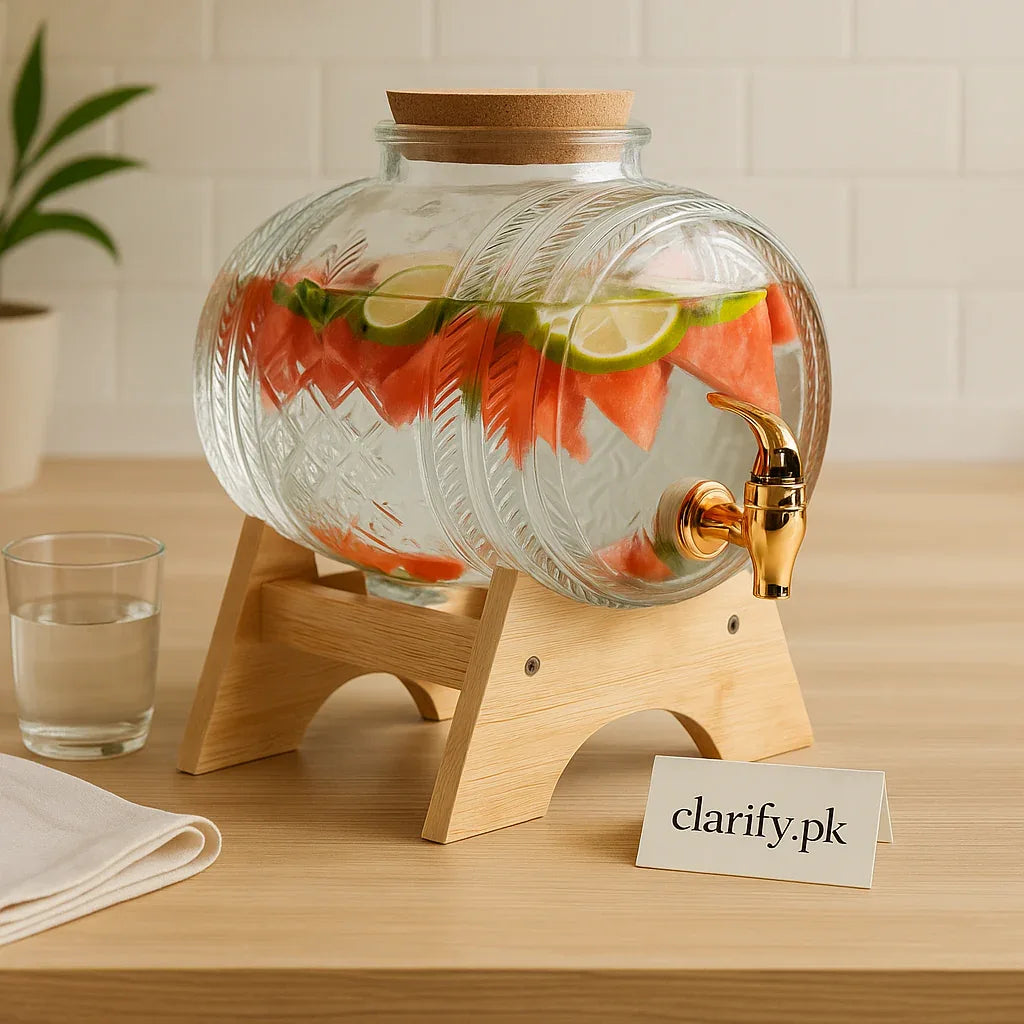 Barrel Shape Glass Water Dispenser with Bamboo Stand - Clarify.pk