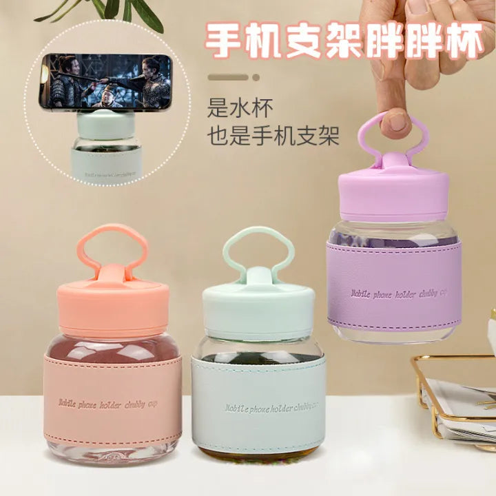 New Chubby Cup Multi-Color Cute Water Glass Mobile Phone Holder Portable Glass Borosilicate Heat Insulation Anti-Scald Cup